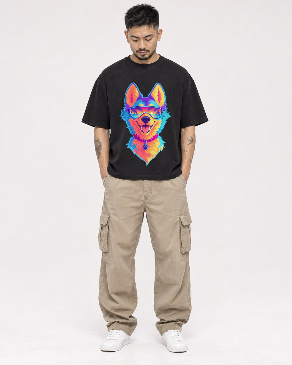 Mockup Boxy Heavyweight Tee Black male full-body 12