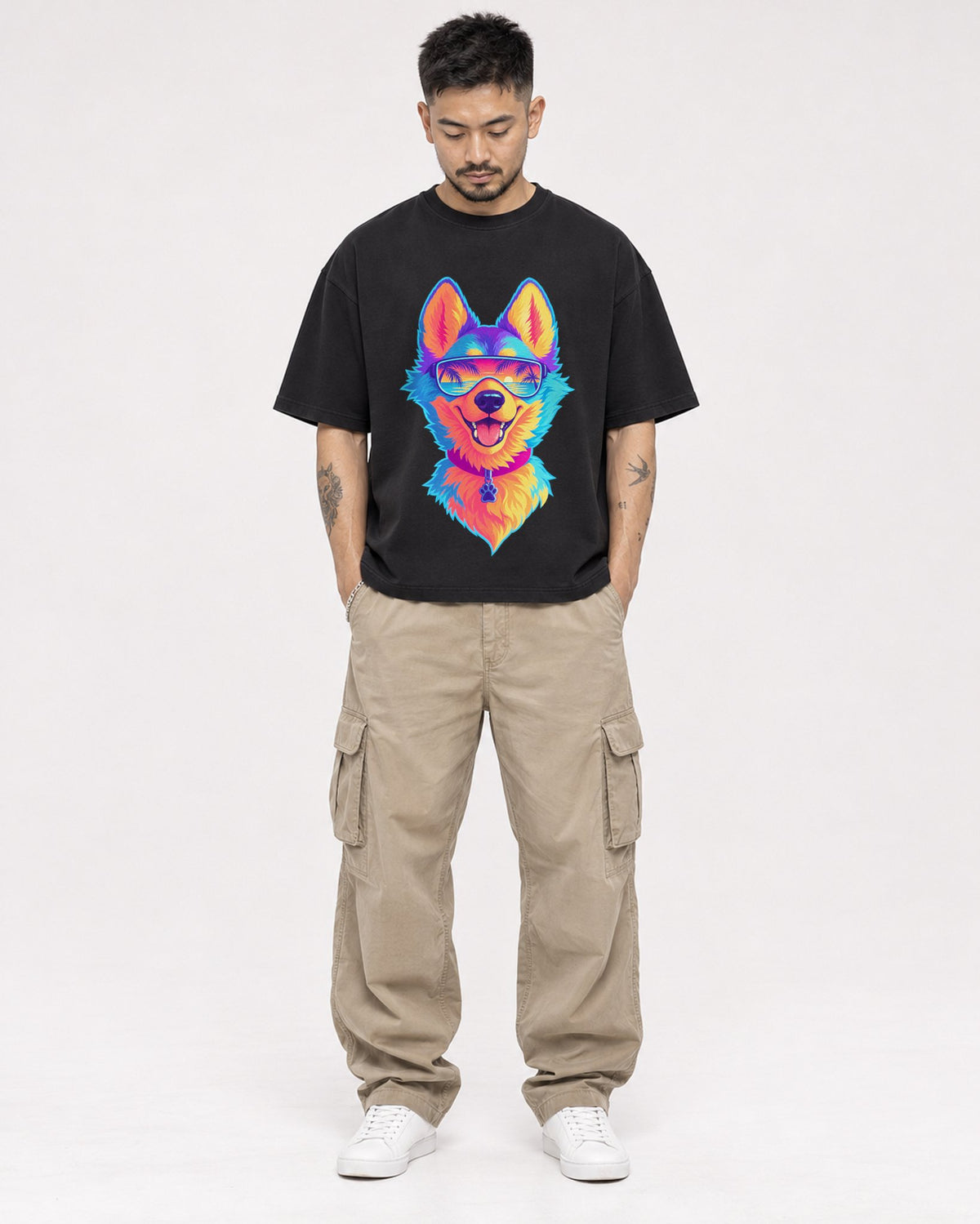 Mockup Boxy Heavyweight Tee Black male full-body 12