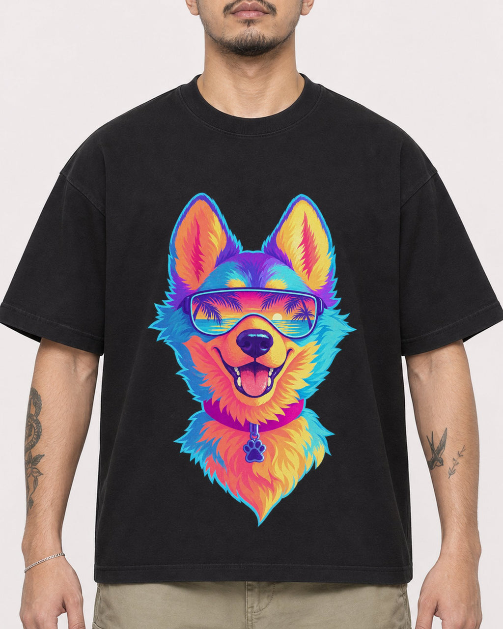 Mockup Boxy Heavyweight Tee Black male close-up 12