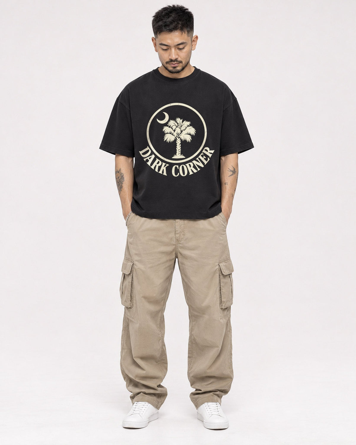 Mockup Boxy Heavyweight Tee Black male full-body 12