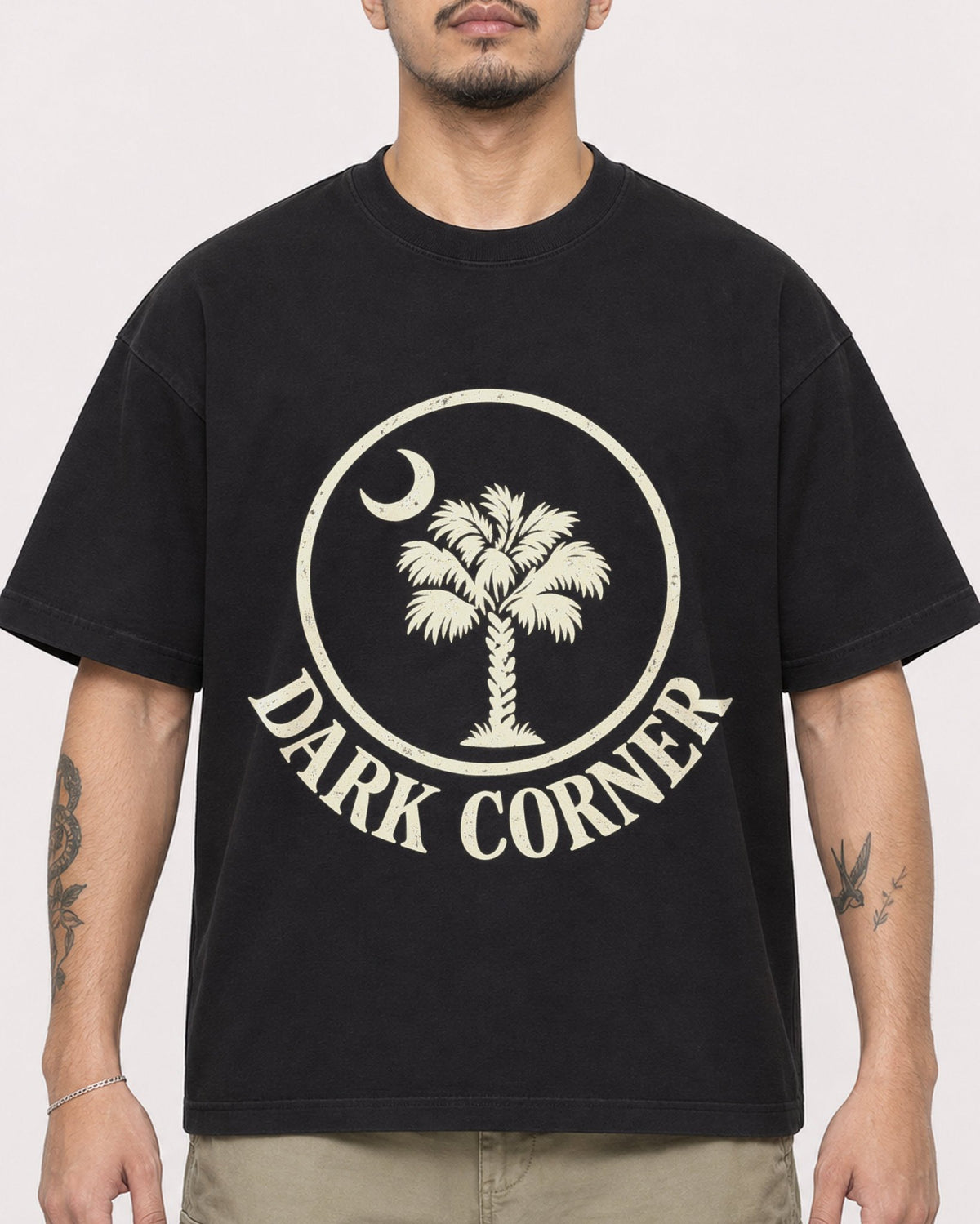 Mockup Boxy Heavyweight Tee Black male close-up 12