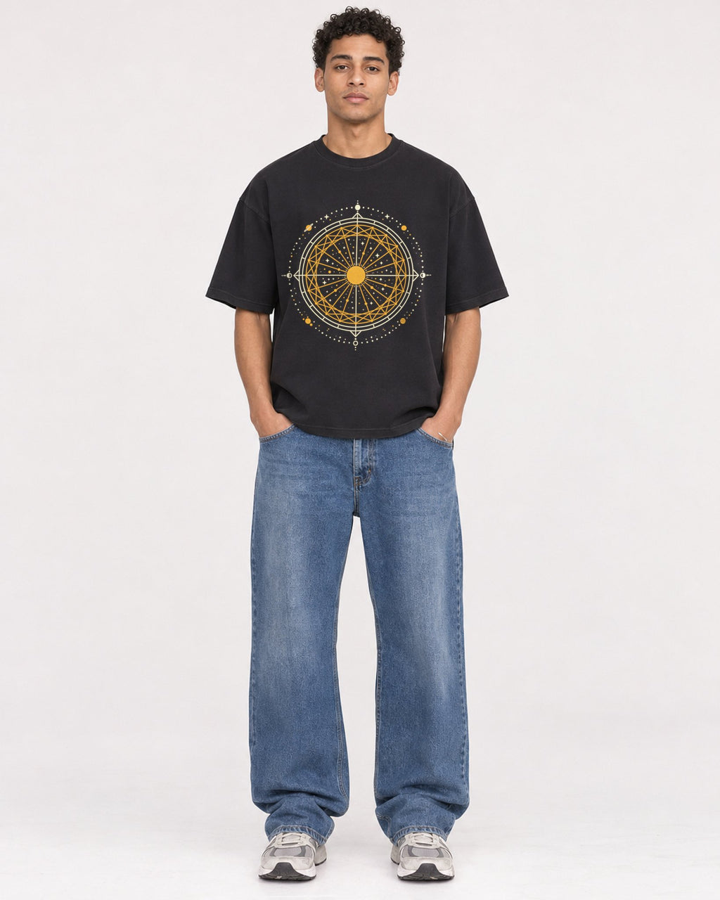Mockup Boxy Heavyweight Tee Black male full-body 10