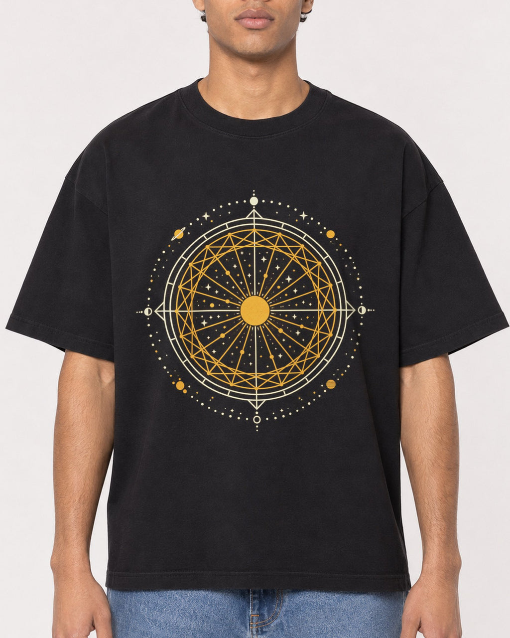 Mockup Boxy Heavyweight Tee Black male close-up 10
