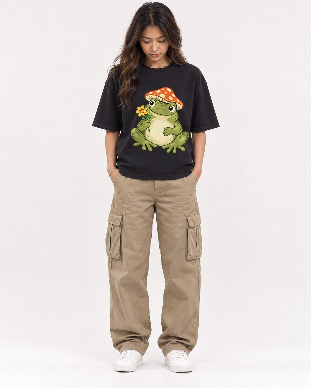 Mockup Boxy Heavyweight Tee Black female full-body 02
