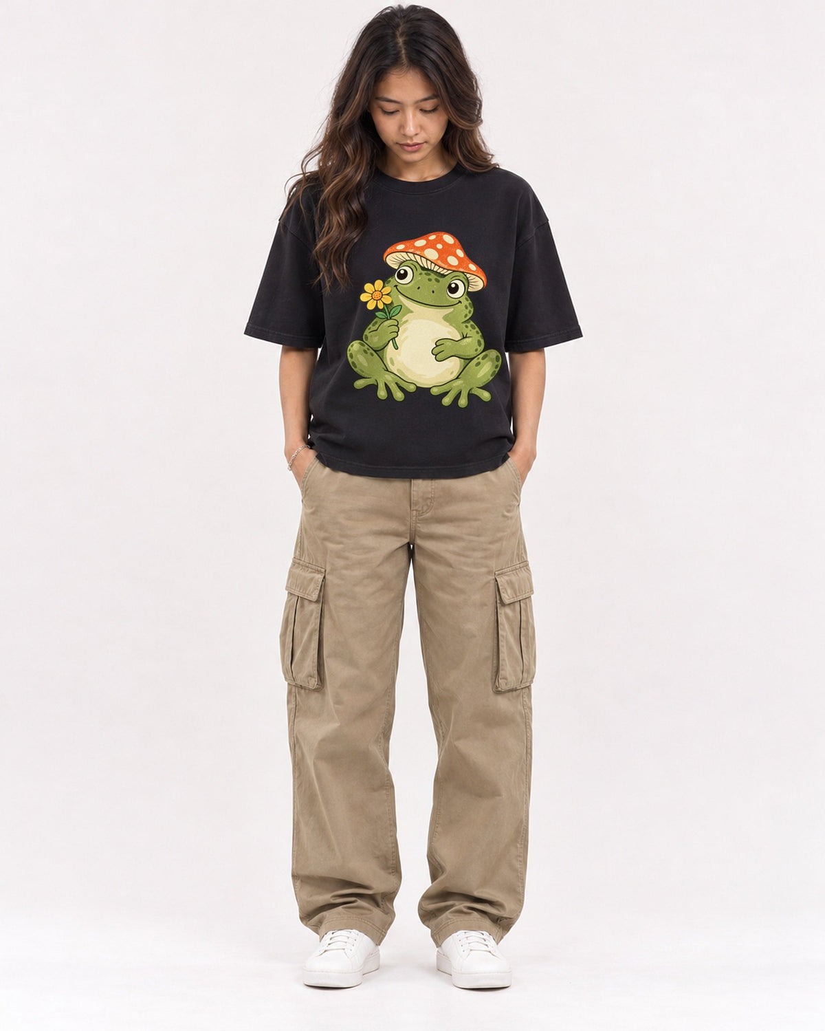 Mockup Boxy Heavyweight Tee Black female full-body 02