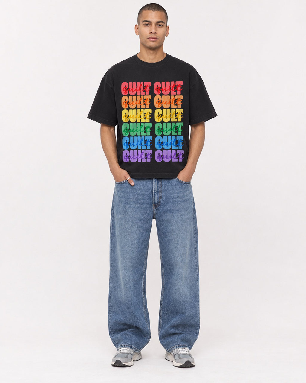 Mockup Boxy Heavyweight Tee Black male full-body 50