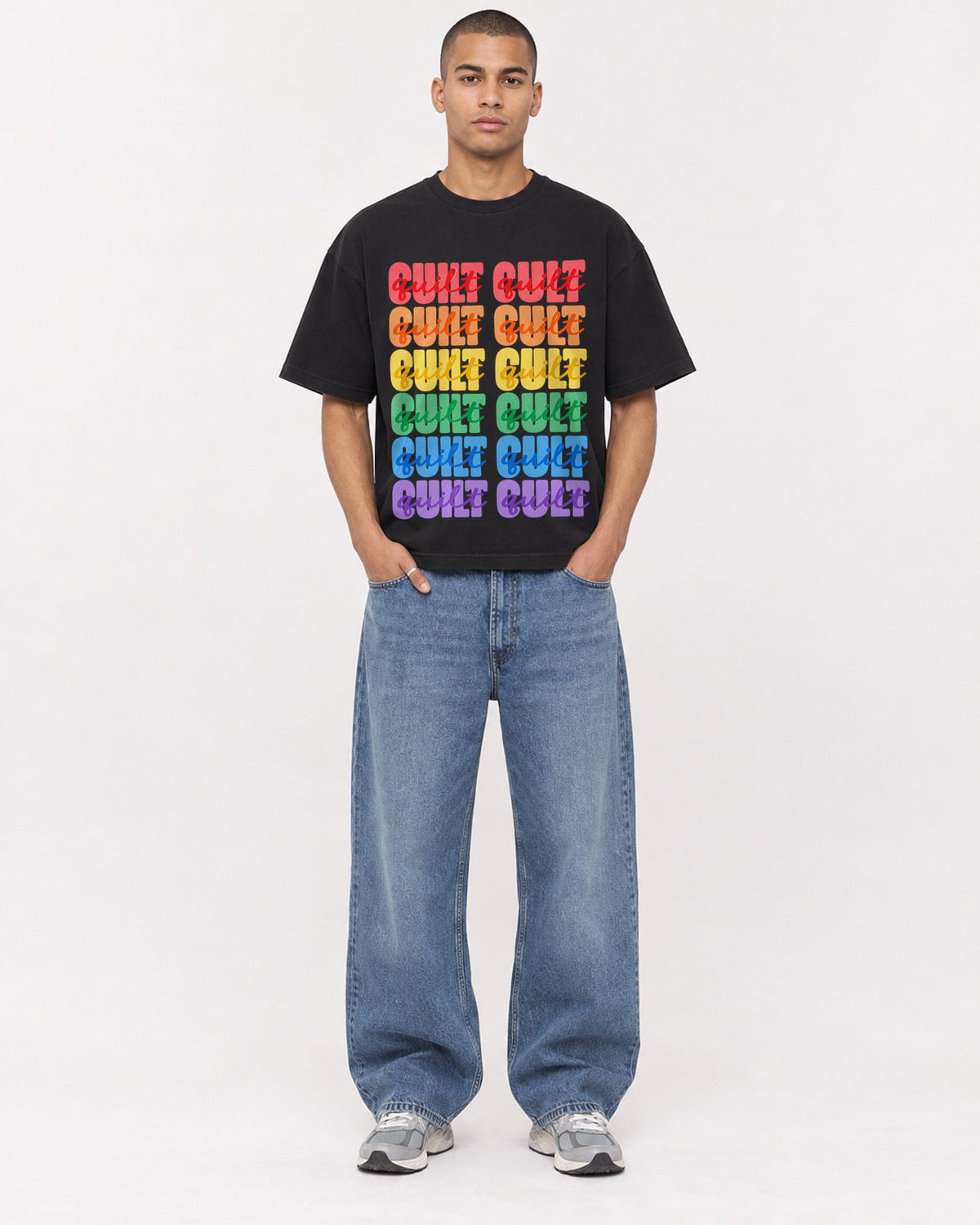 Mockup Boxy Heavyweight Tee Black male full-body 50