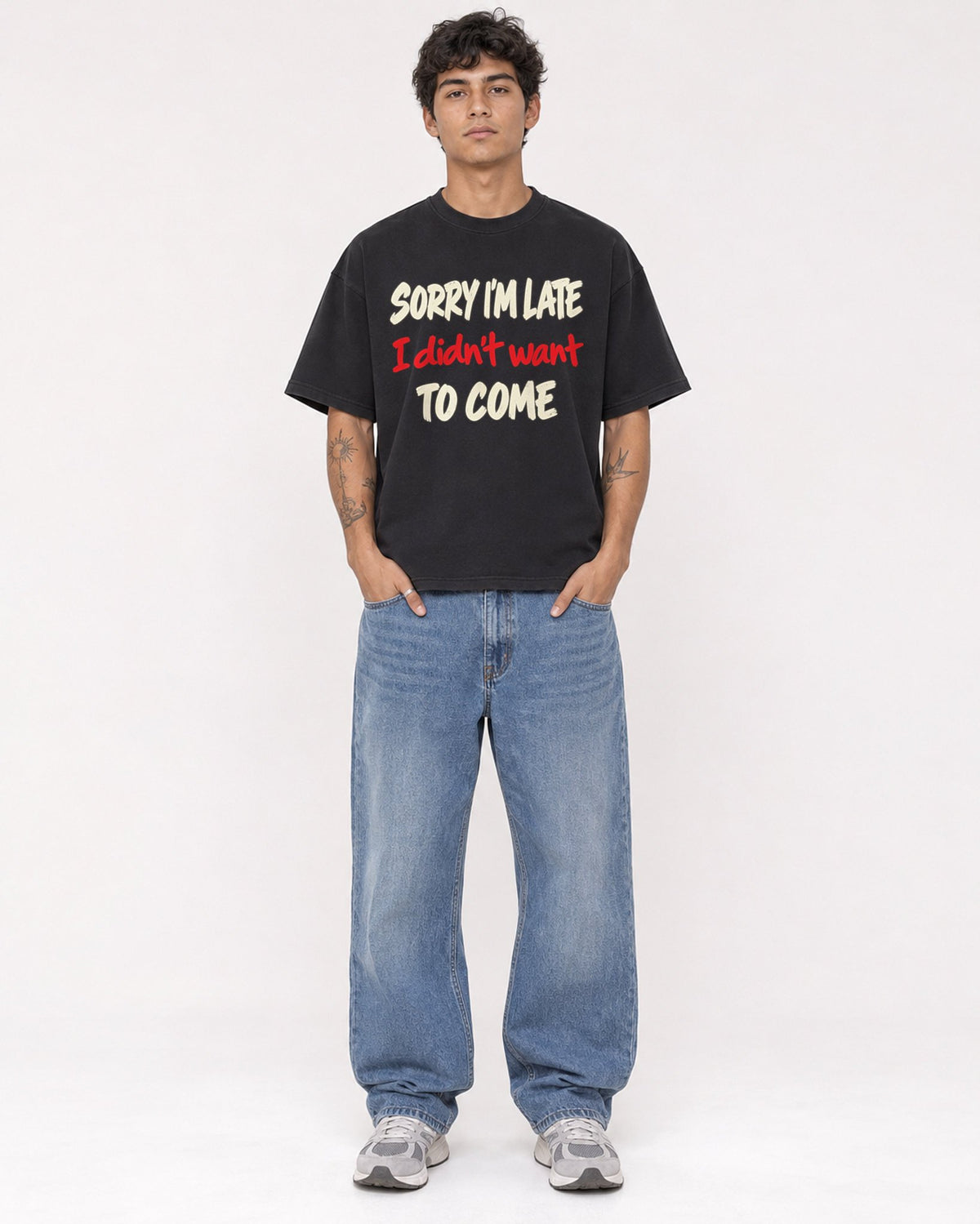 Mockup Boxy Heavyweight Tee Black male full-body 06