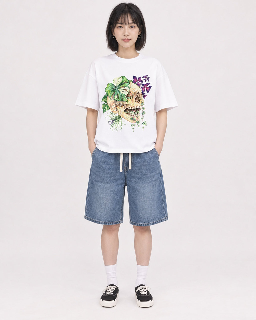 Mockup Boxy Heavyweight Tee White female full-body 11
