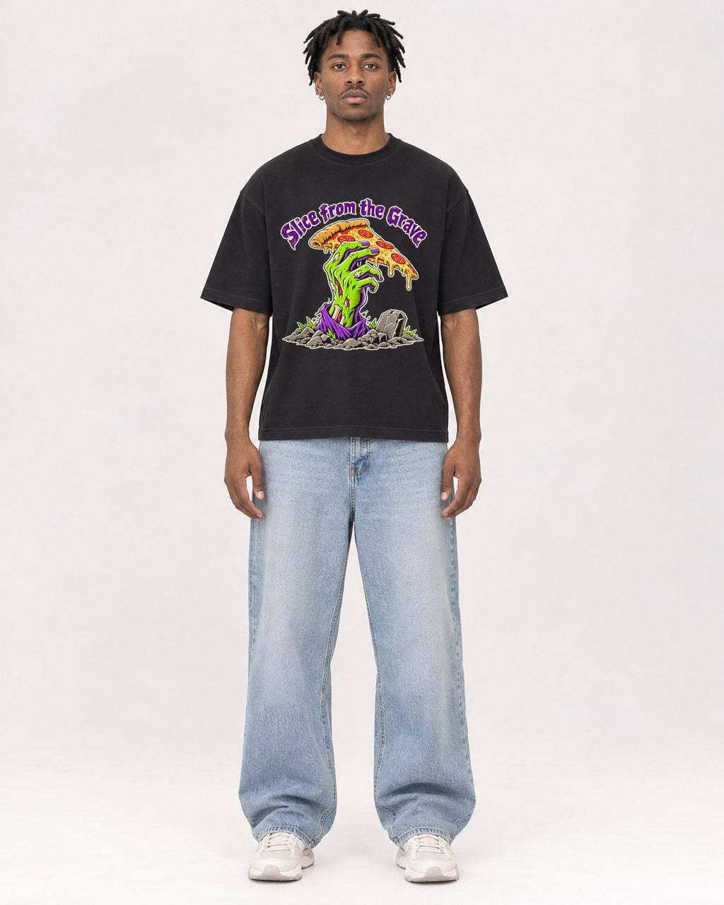 Mockup Boxy Heavyweight Tee Black male full-body 05