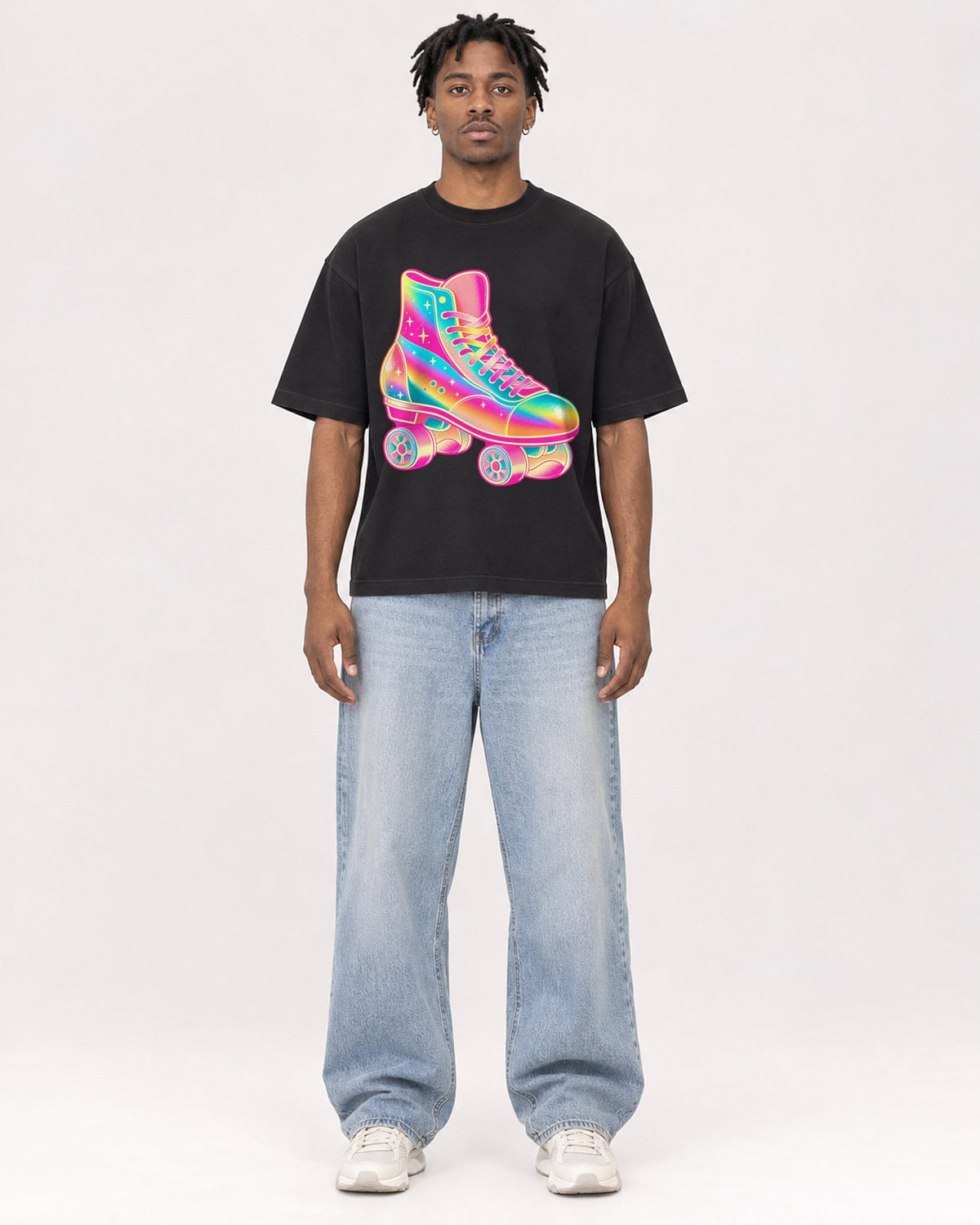 Mockup Boxy Heavyweight Tee Black male full-body 05