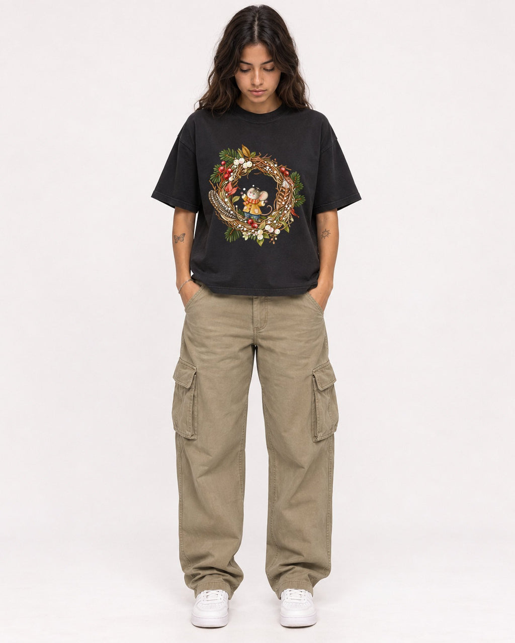 Mockup Boxy Heavyweight Tee Black female full-body 06