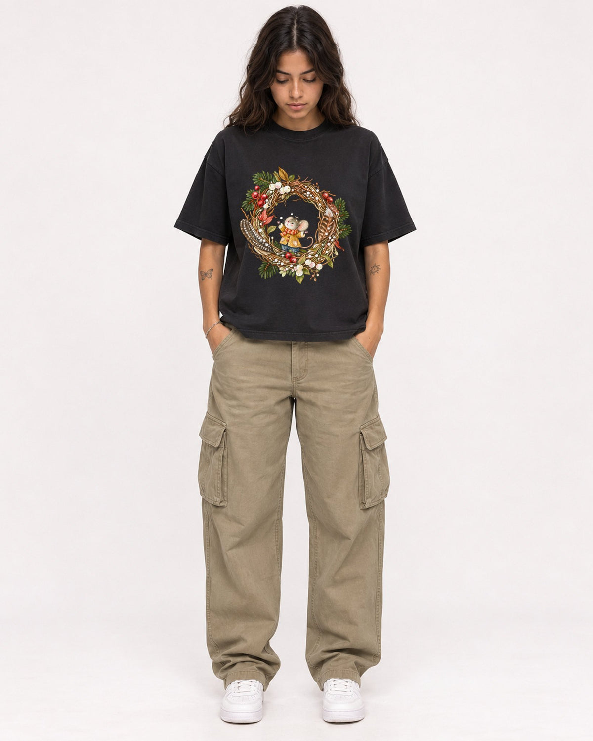 Mockup Boxy Heavyweight Tee Black female full-body 06