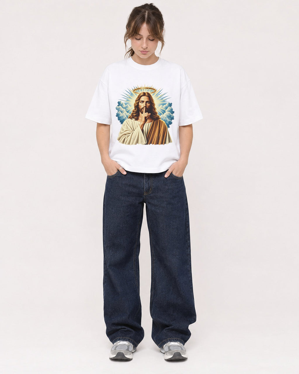 Mockup Boxy Heavyweight Tee White female full-body 29