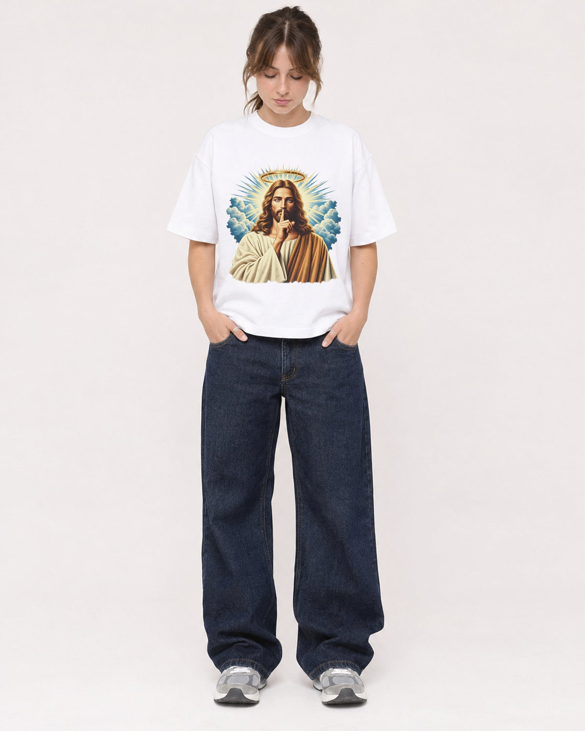 Mockup Boxy Heavyweight Tee White female full-body 29