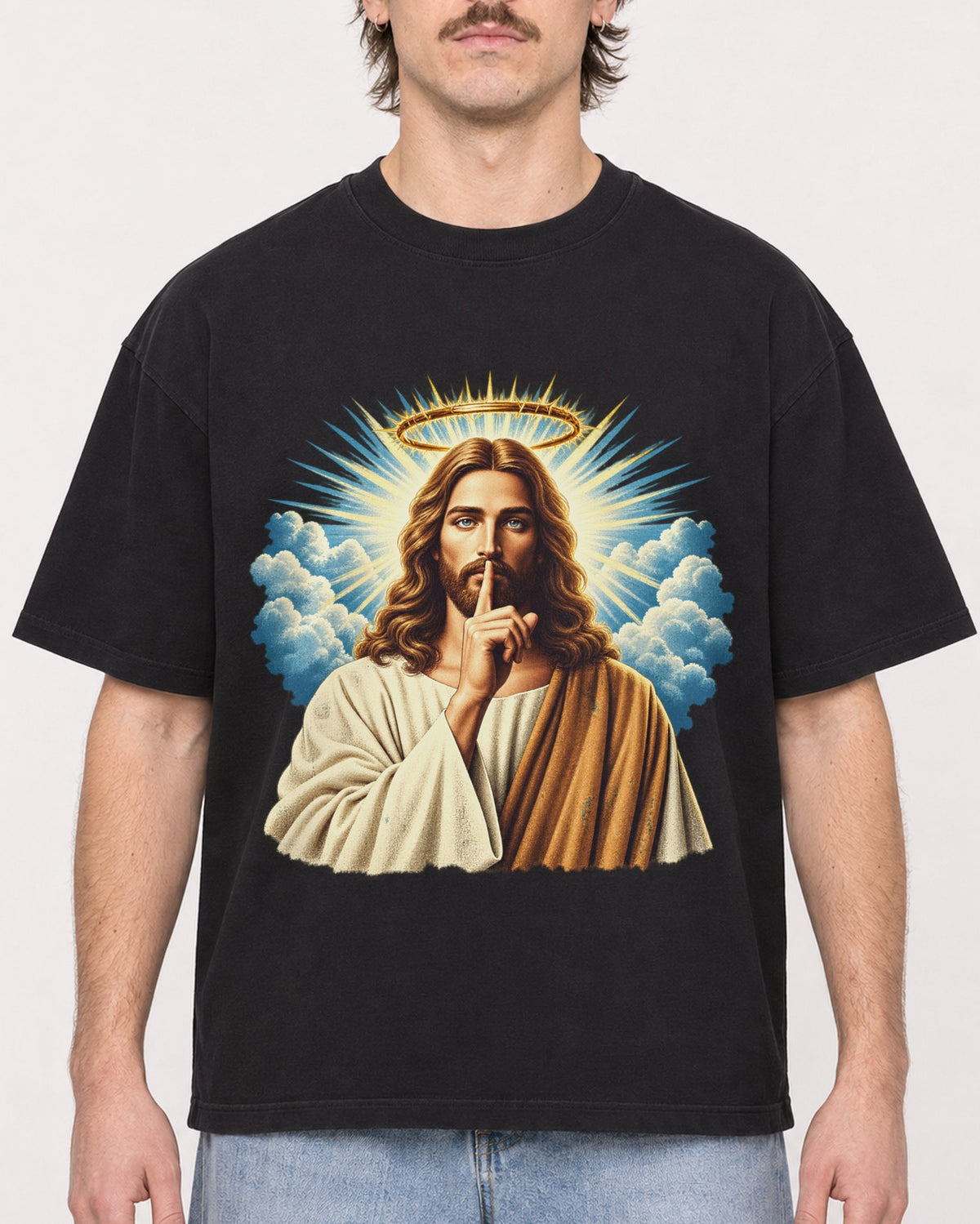 Mockup Boxy Heavyweight Tee Black male close-up 29