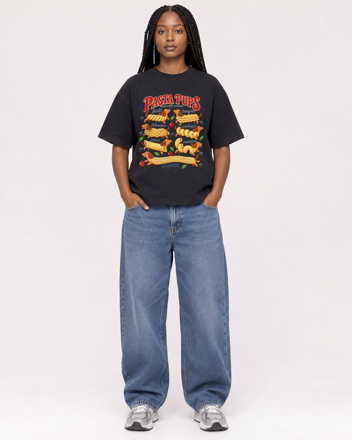 Mockup Boxy Heavyweight Tee Black female full-body 04