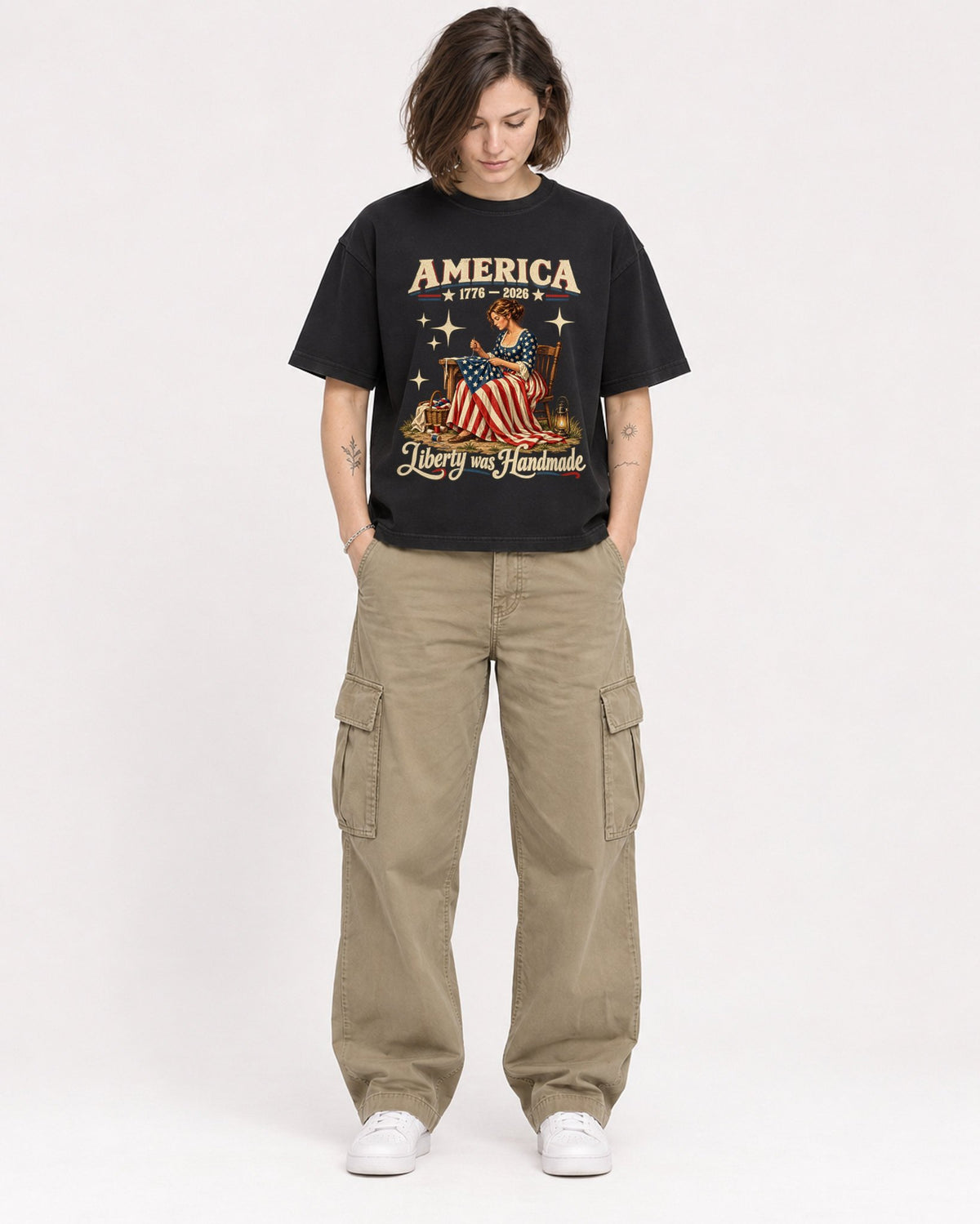 Mockup Boxy Heavyweight Tee Black female full-body 18