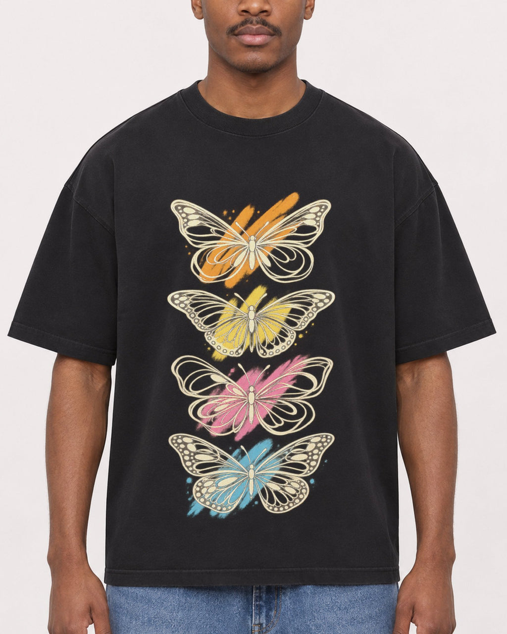 Mockup Boxy Heavyweight Tee Black male close-up 14