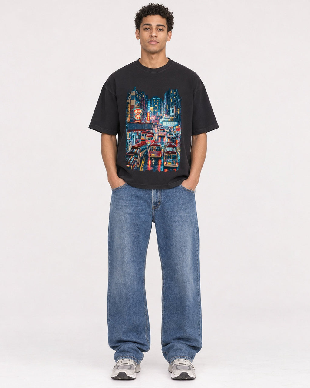 Mockup Boxy Heavyweight Tee Black male full-body 10