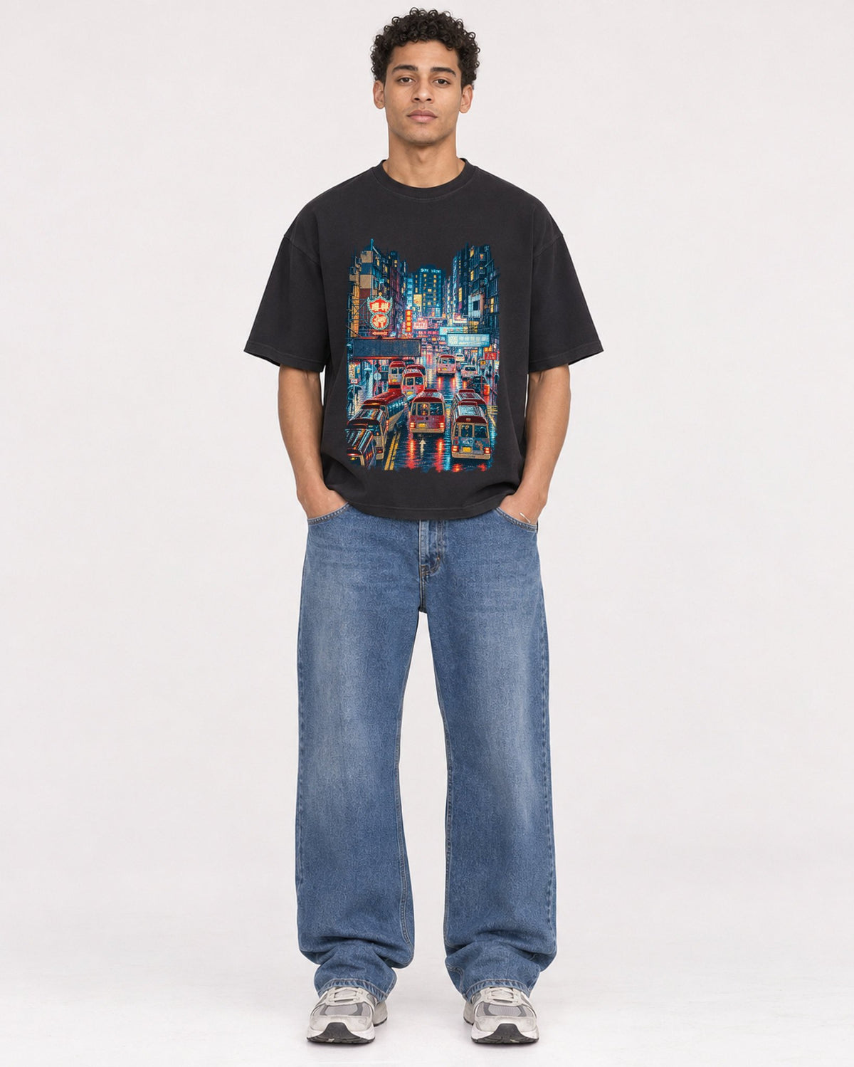 Mockup Boxy Heavyweight Tee Black male full-body 10