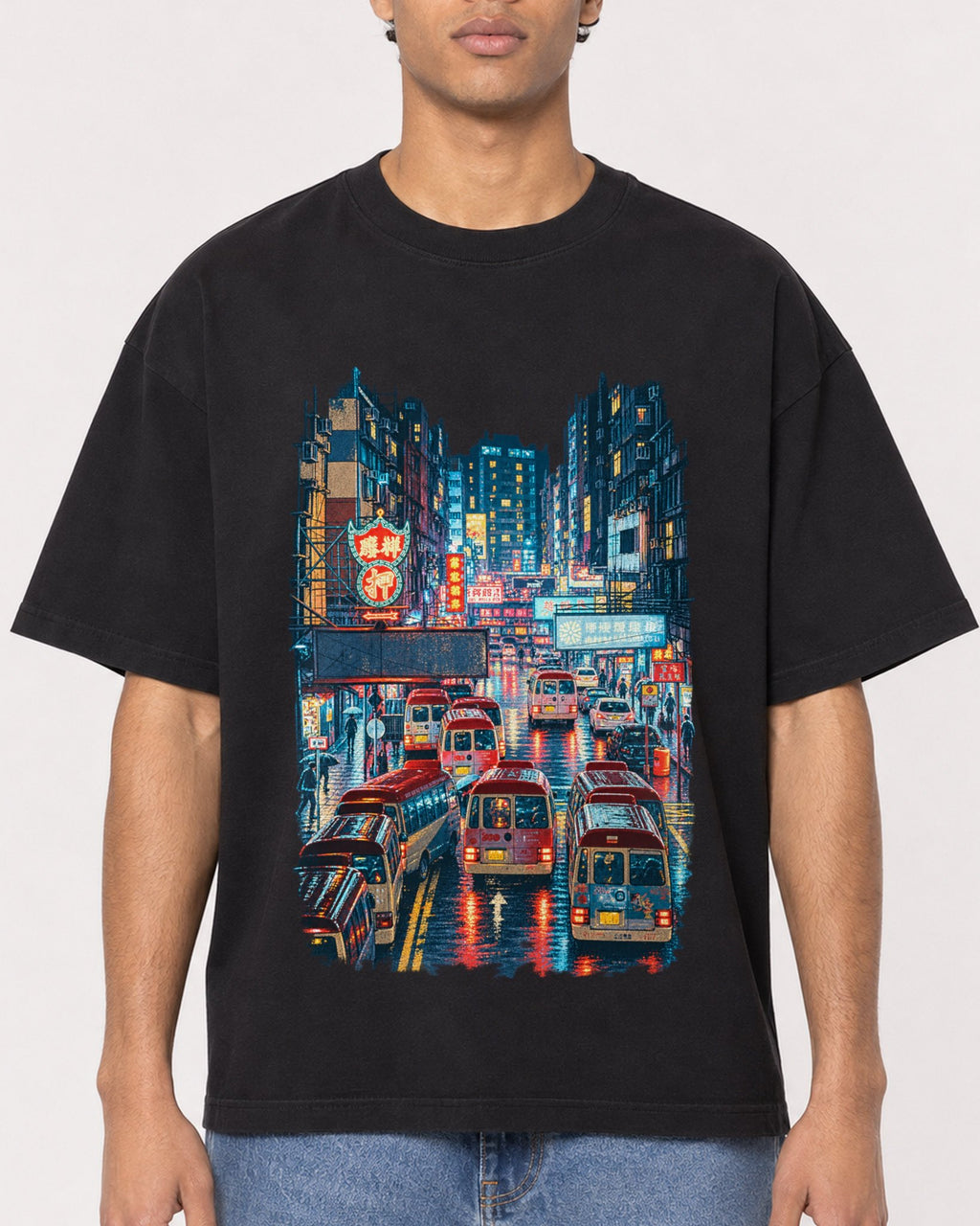 Mockup Boxy Heavyweight Tee Black male close-up 10