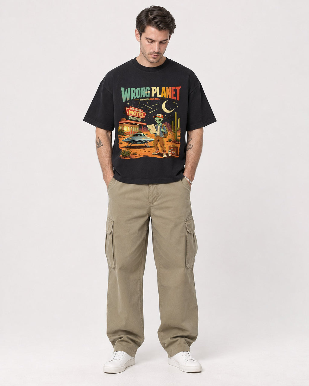 Mockup Boxy Heavyweight Tee Black male full-body 48