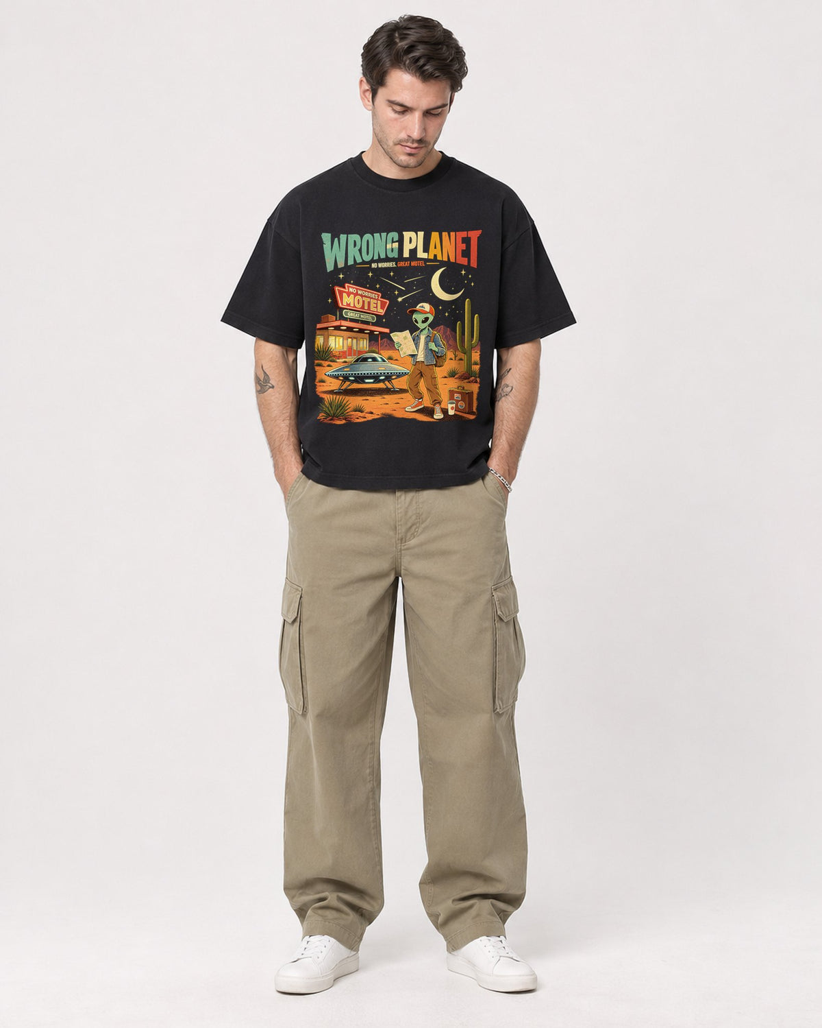 Mockup Boxy Heavyweight Tee Black male full-body 48