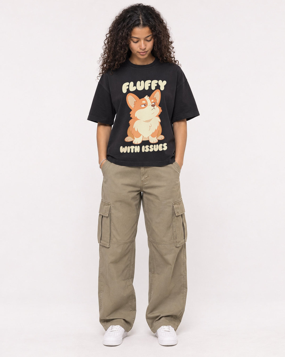 Mockup Boxy Heavyweight Tee Black female full-body 10