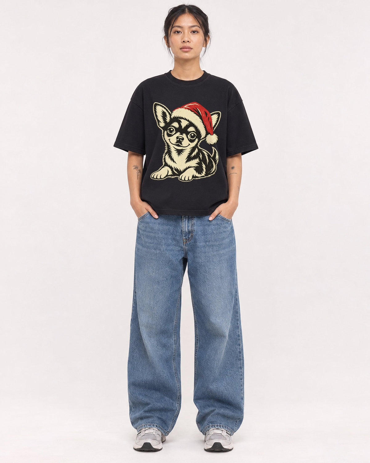 Mockup Boxy Heavyweight Tee Black female full-body 12