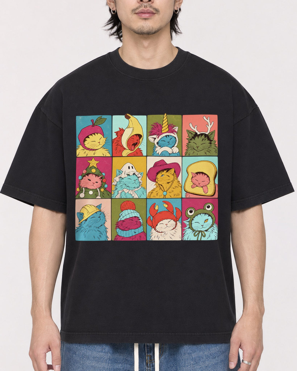 Mockup Boxy Heavyweight Tee Black male close-up 23