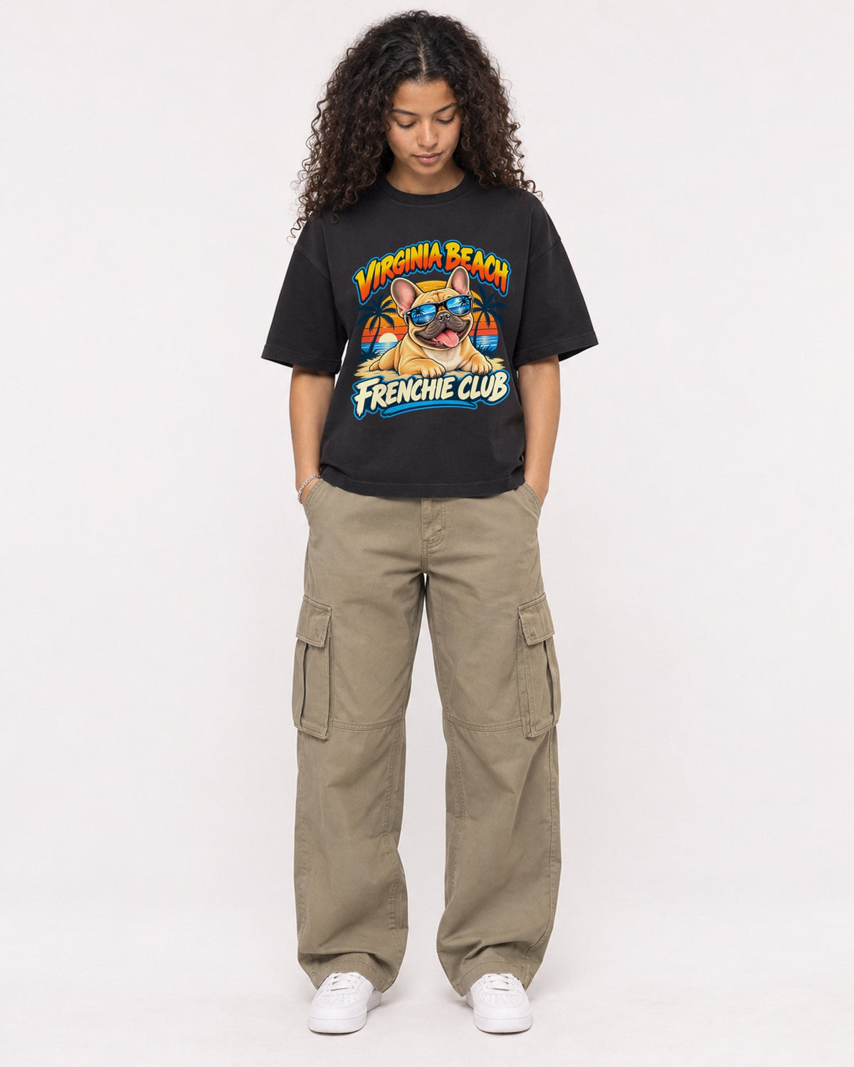 Mockup Boxy Heavyweight Tee Black female full-body 10