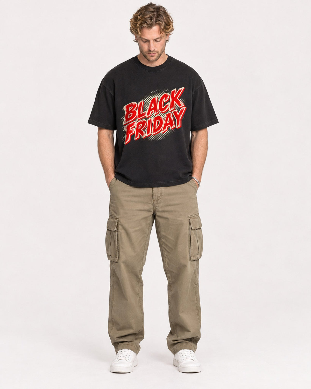 Mockup Boxy Heavyweight Tee Black male full-body 28