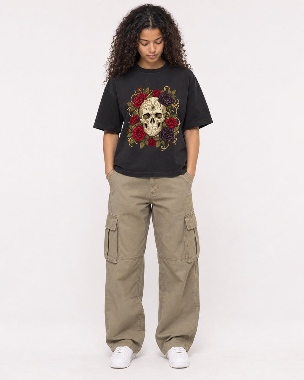 Mockup Boxy Heavyweight Tee Black female full-body 10