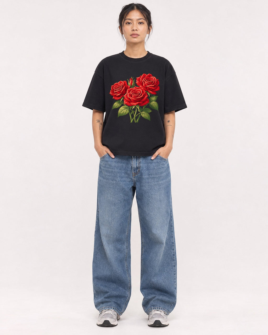 Mockup Boxy Heavyweight Tee Black female full-body 12
