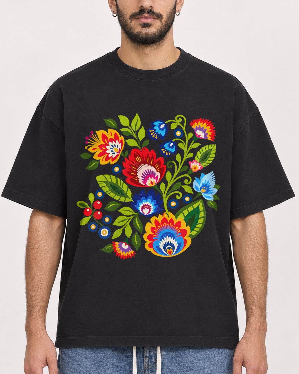 Mockup Boxy Heavyweight Tee Black male close-up 07