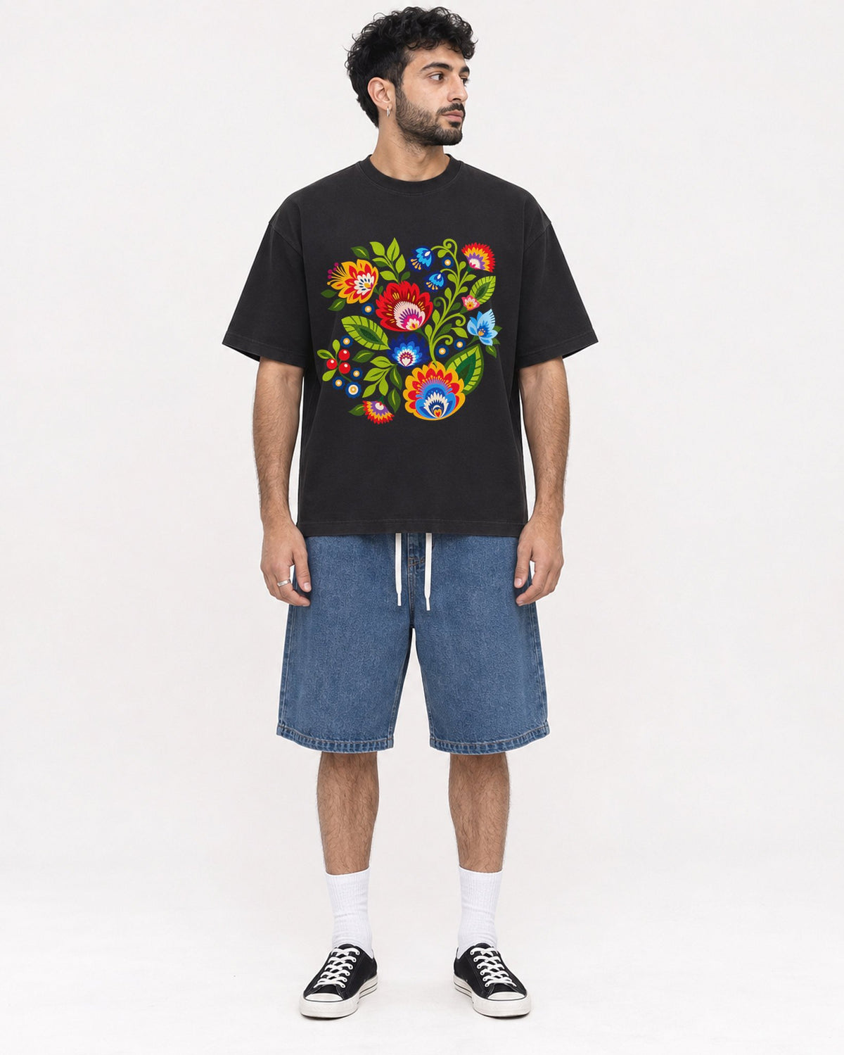 Mockup Boxy Heavyweight Tee Black male full-body 07