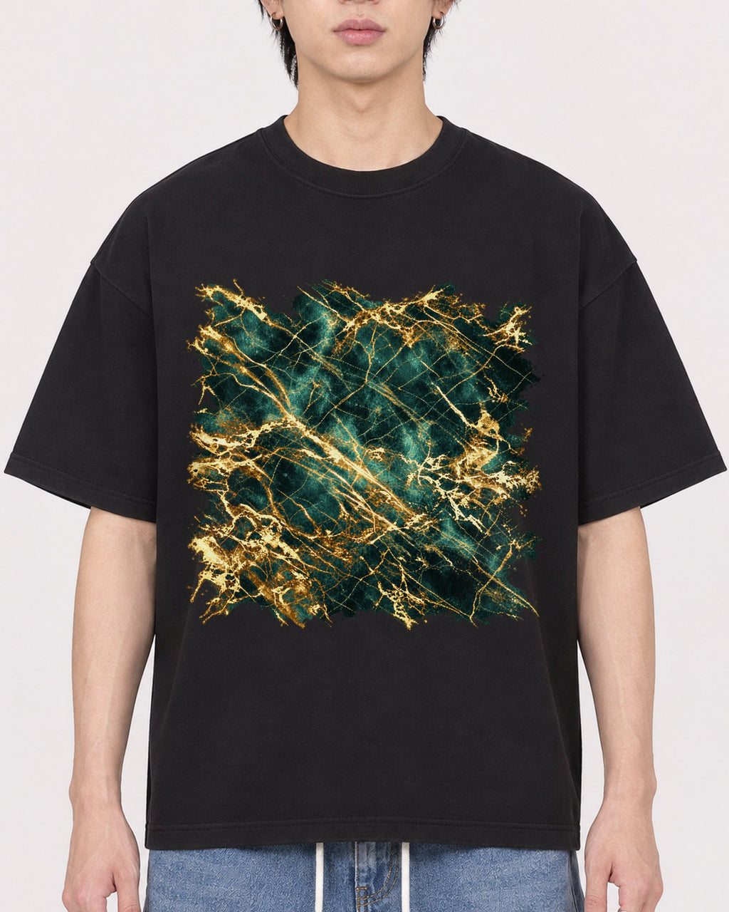 Mockup Boxy Heavyweight Tee Black male close-up 11