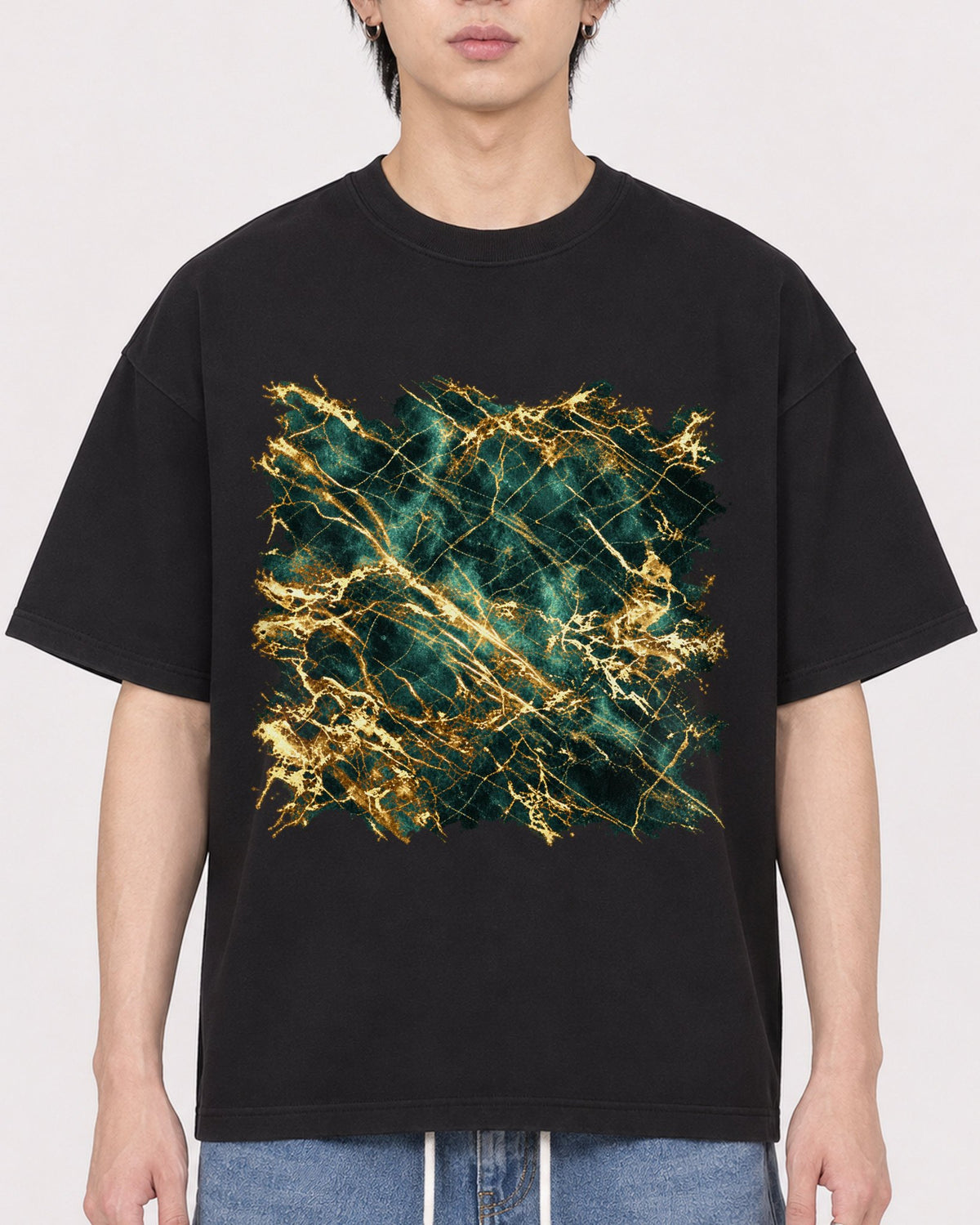Mockup Boxy Heavyweight Tee Black male close-up 11