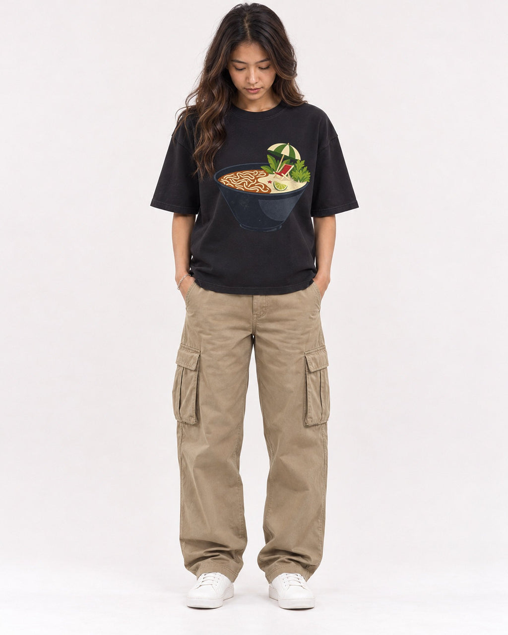 Mockup Boxy Heavyweight Tee Black female full-body 02