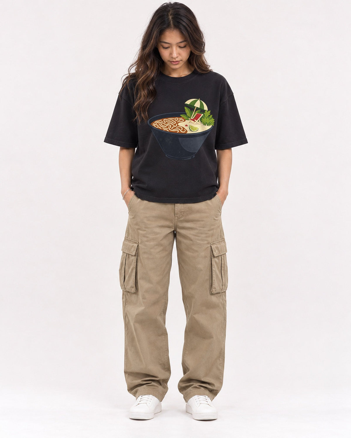 Mockup Boxy Heavyweight Tee Black female full-body 02
