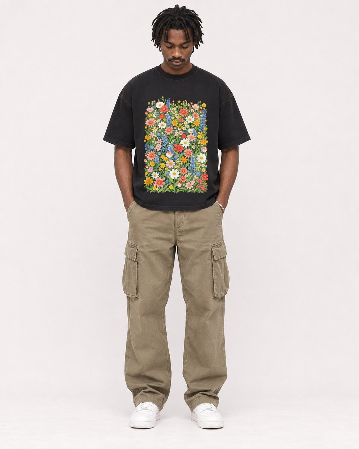 Mockup Boxy Heavyweight Tee Black male full-body 04