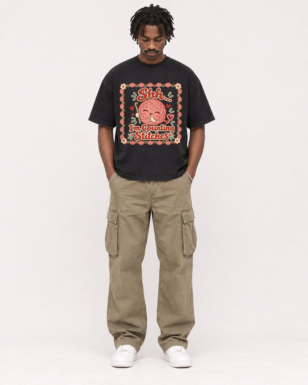 Mockup Boxy Heavyweight Tee Black male full-body 04