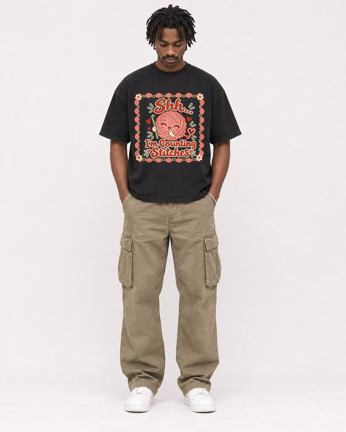Mockup Boxy Heavyweight Tee Black male full-body 04