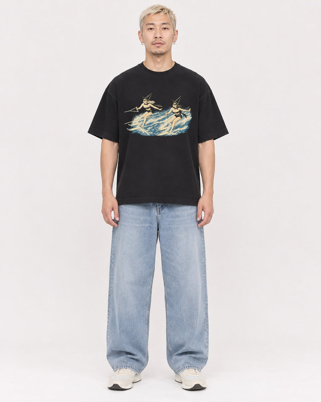Mockup Boxy Heavyweight Tee Black male full-body 33