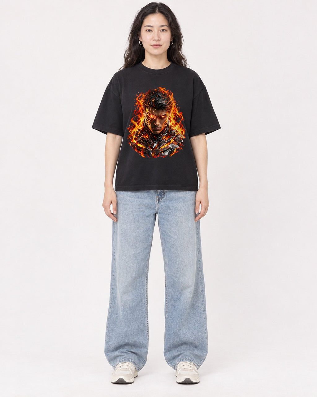 Mockup Boxy Heavyweight Tee Black female full-body 03