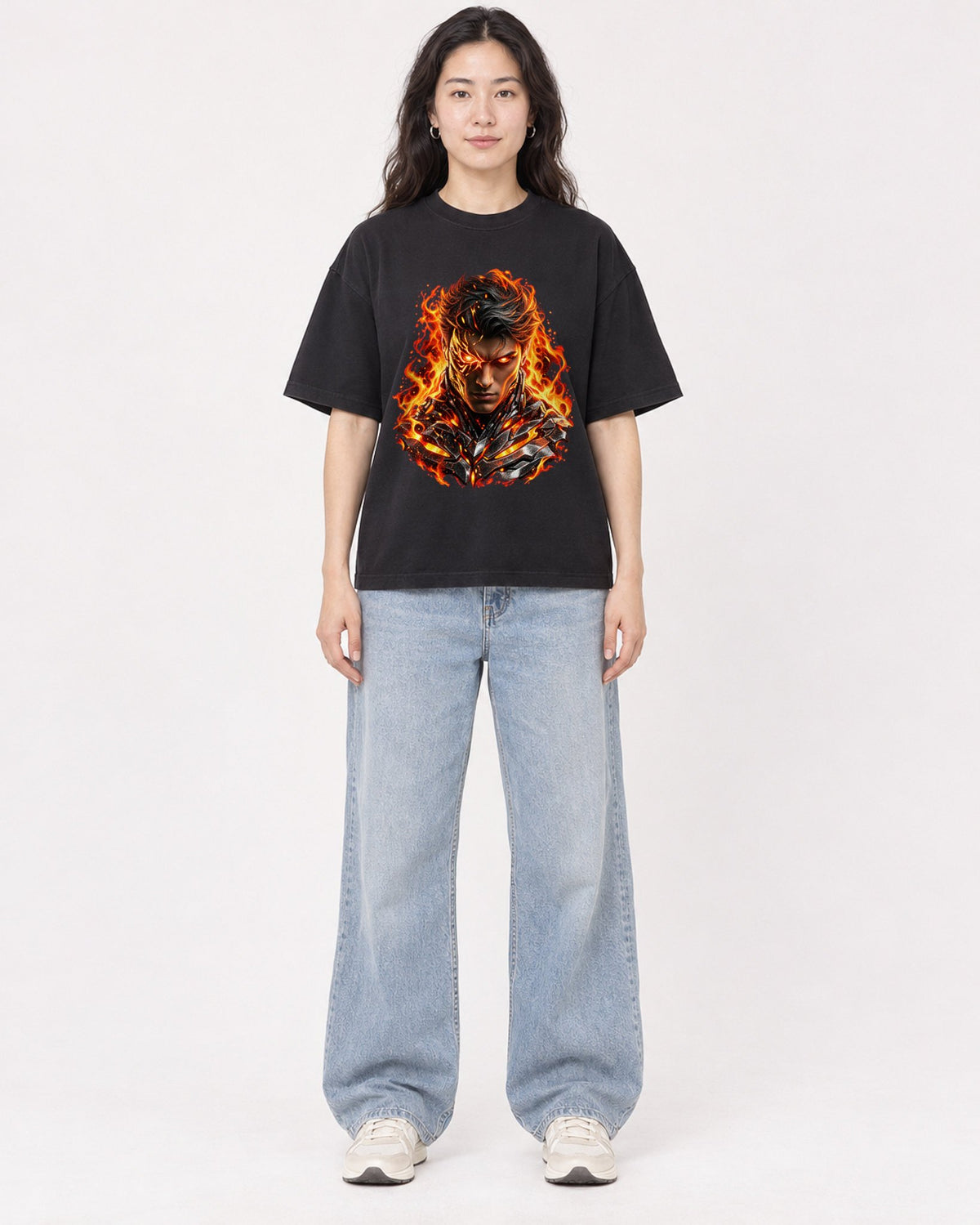 Mockup Boxy Heavyweight Tee Black female full-body 03