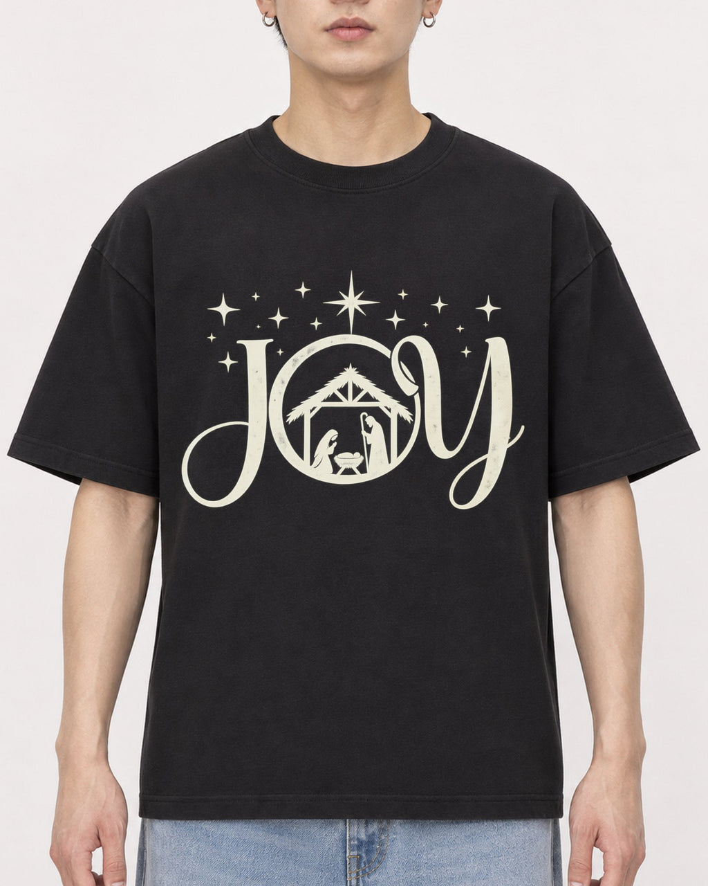 Mockup Boxy Heavyweight Tee Black male close-up 01