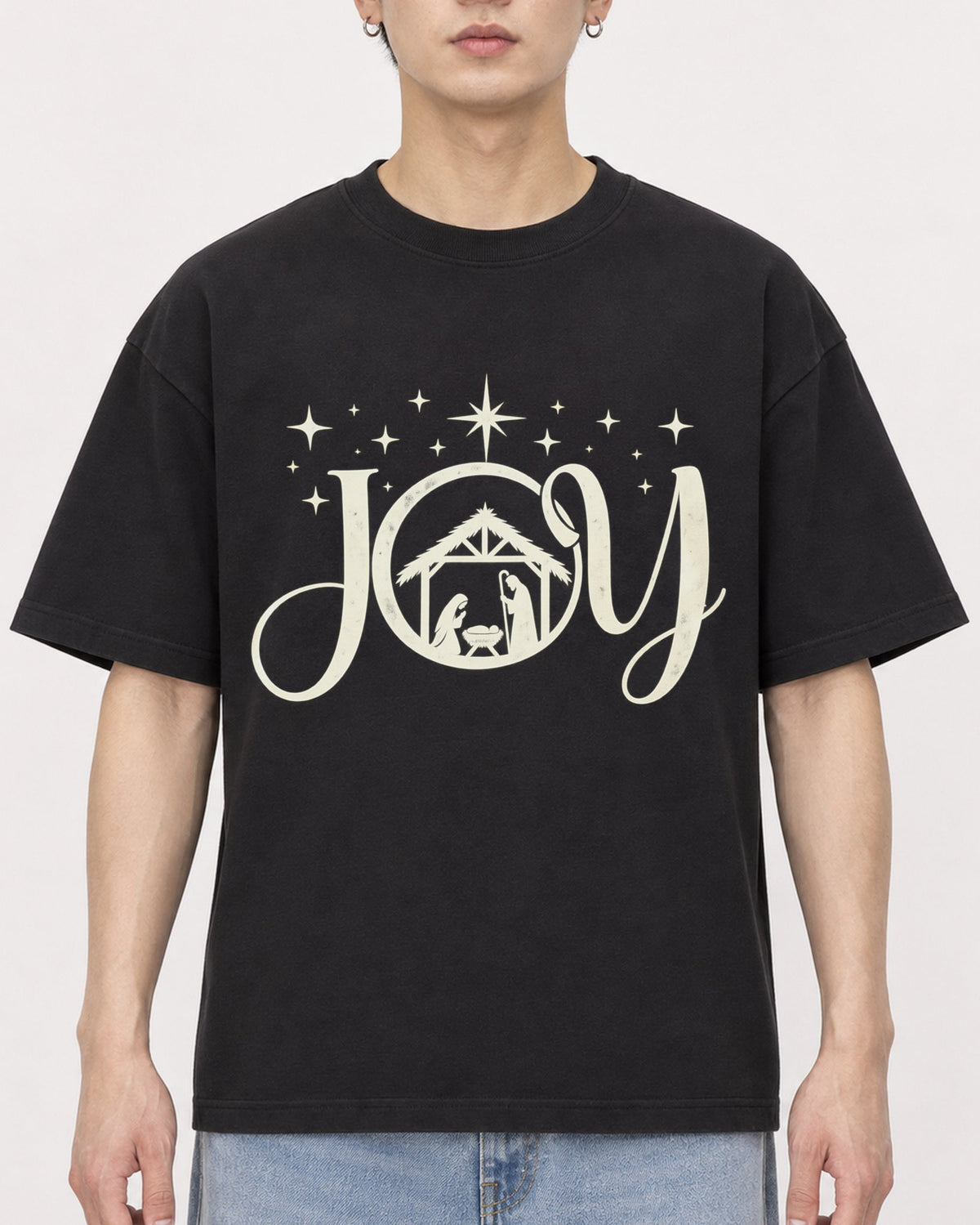 Mockup Boxy Heavyweight Tee Black male close-up 01