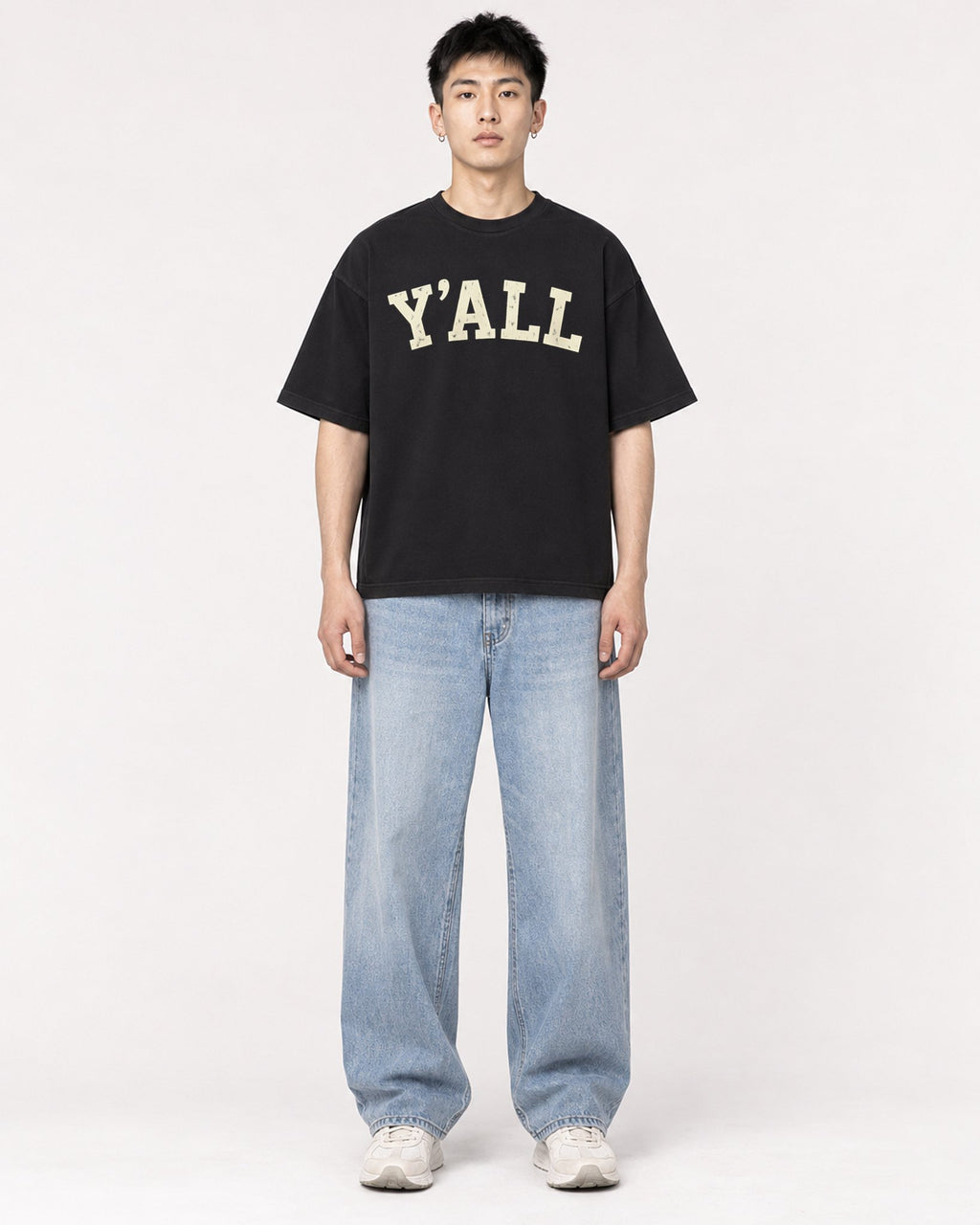 Mockup Boxy Heavyweight Tee Black male full-body 21